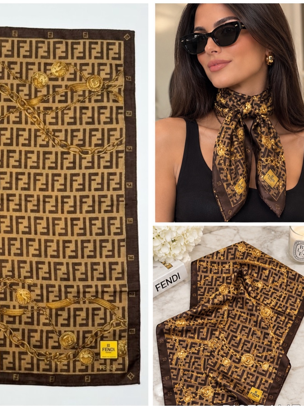 FENDI Vintage FF Logo Chain Coin Print Cotton Handkerchief Scarf Brown